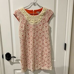 Sandra Darren Peach Coral Shift Dress with Ivory Lace Overlay